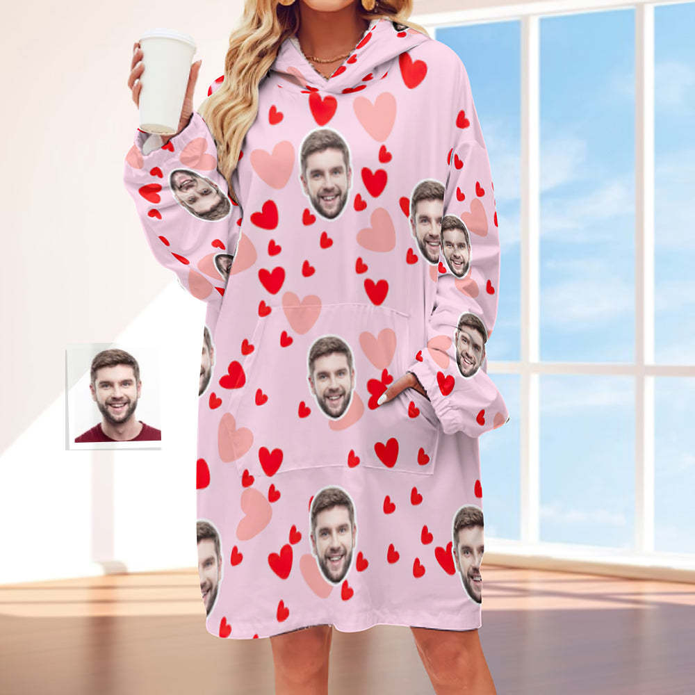 Custom Face Adult Unisex Blanket Hoodie Personalized Blanket Pajama Gift Pink Heart - MyFaceBoxerUK