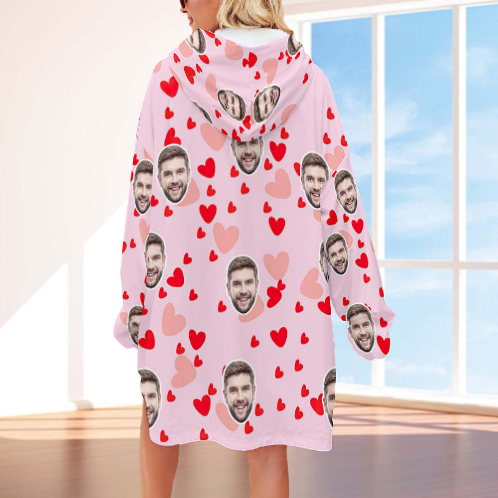 Custom Face Adult Unisex Blanket Hoodie Personalized Blanket Pajama Gift Pink Heart - MyFaceBoxerUK