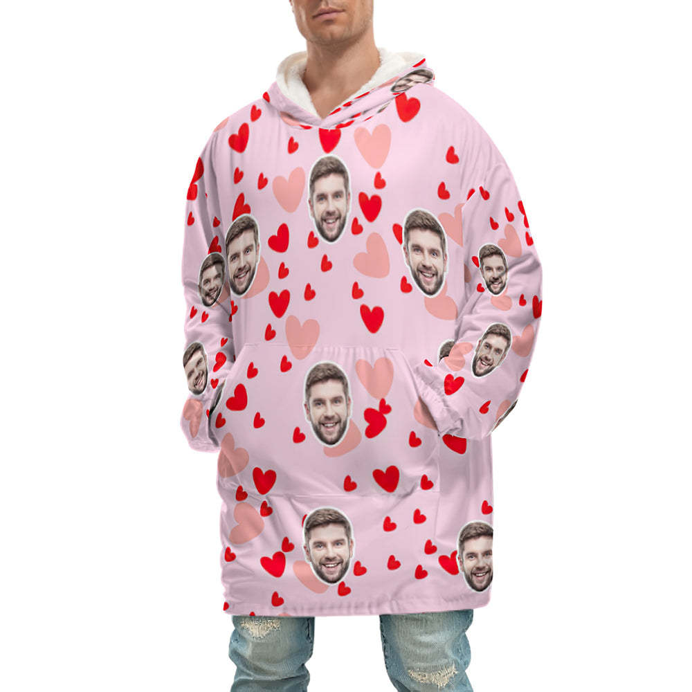 Custom Face Adult Unisex Blanket Hoodie Personalized Blanket Pajama Gift Pink Heart - MyFaceBoxerUK