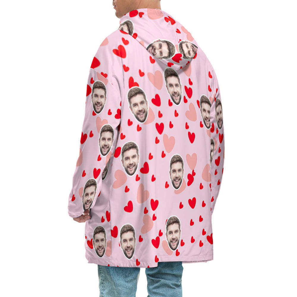 Custom Face Adult Unisex Blanket Hoodie Personalized Blanket Pajama Gift Pink Heart - MyFaceBoxerUK