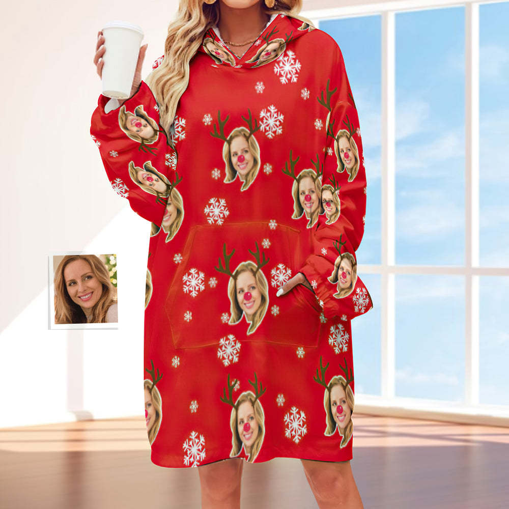 Custom Face Adult Unisex Blanket Hoodie Personalized Blanket Pajama Gift Christmas Elk - MyFaceBoxerUK