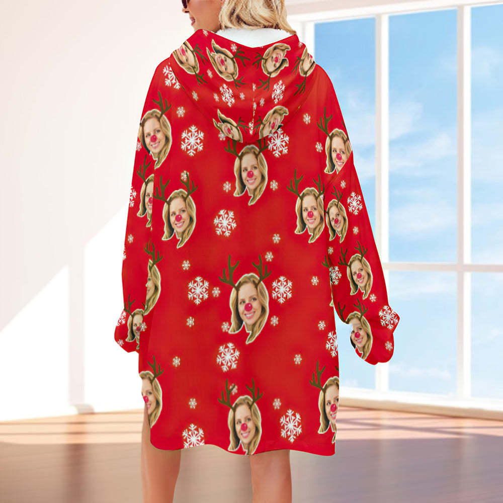 Custom Face Adult Unisex Blanket Hoodie Personalized Blanket Pajama Gift Christmas Elk - MyFaceBoxerUK