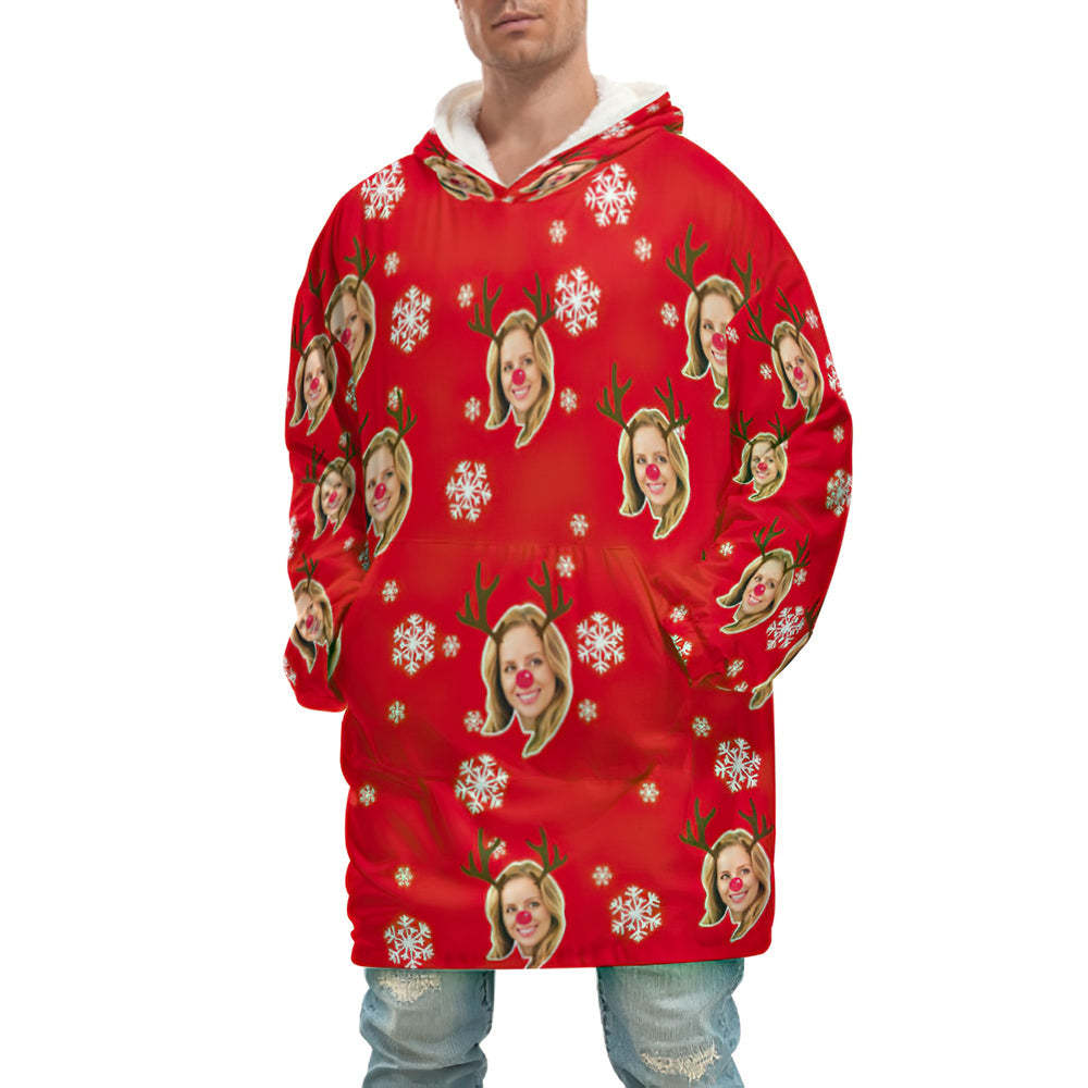 Custom Face Adult Unisex Blanket Hoodie Personalized Blanket Pajama Gift Christmas Elk - MyFaceBoxerUK