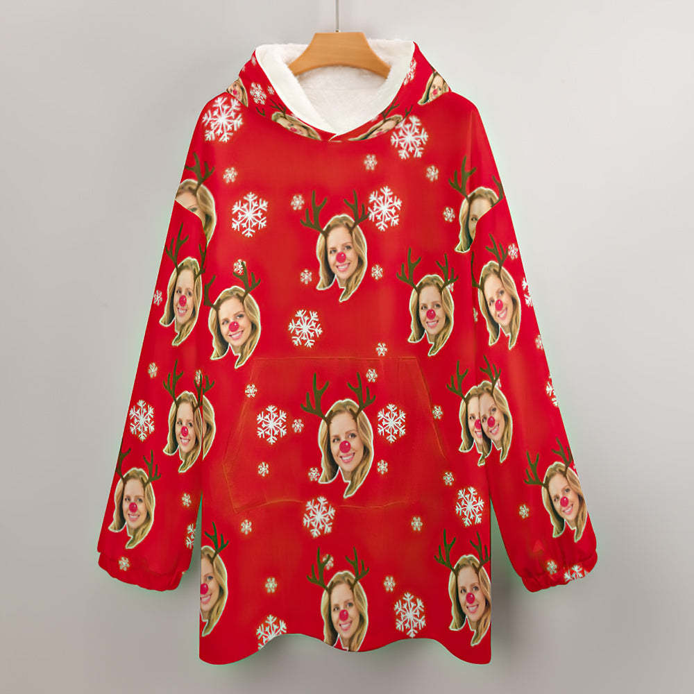 Custom Face Adult Unisex Blanket Hoodie Personalized Blanket Pajama Gift Christmas Elk - MyFaceBoxerUK