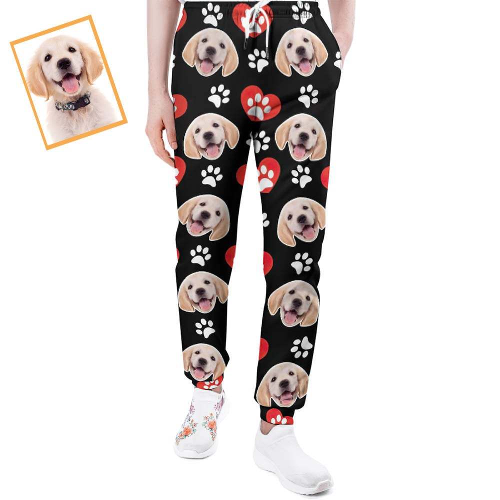 Custom Dog Face Sweatpants Unisex Joggers with Heart Pattern Paw - MyFaceBoxerUK