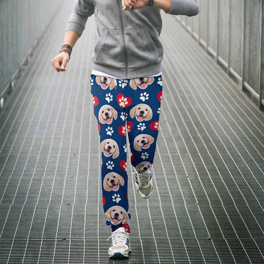 Custom Dog Face Sweatpants Unisex Joggers with Heart Pattern Paw - MyFaceBoxerUK