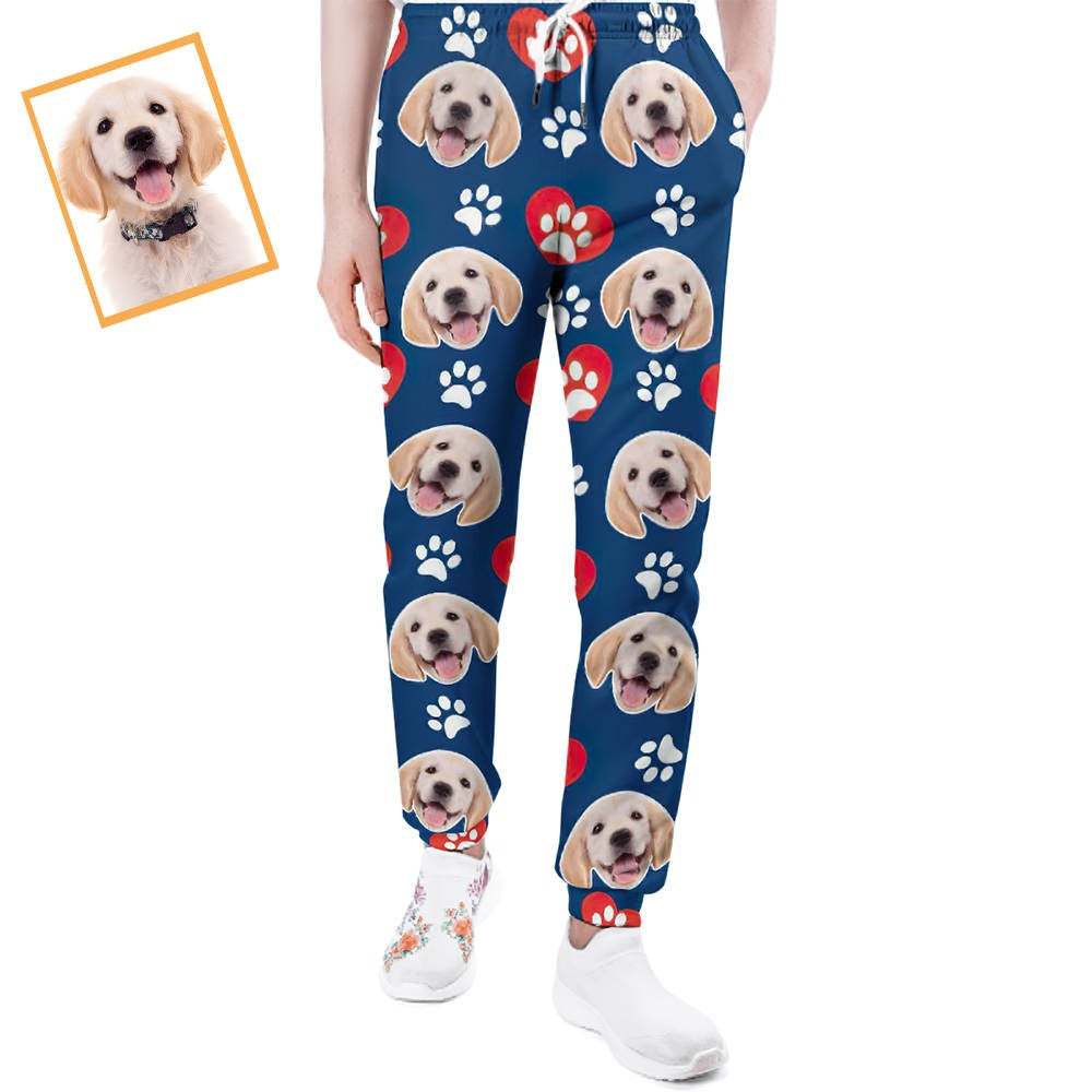 Custom Dog Face Sweatpants Unisex Joggers with Heart Pattern Paw - MyFaceBoxerUK