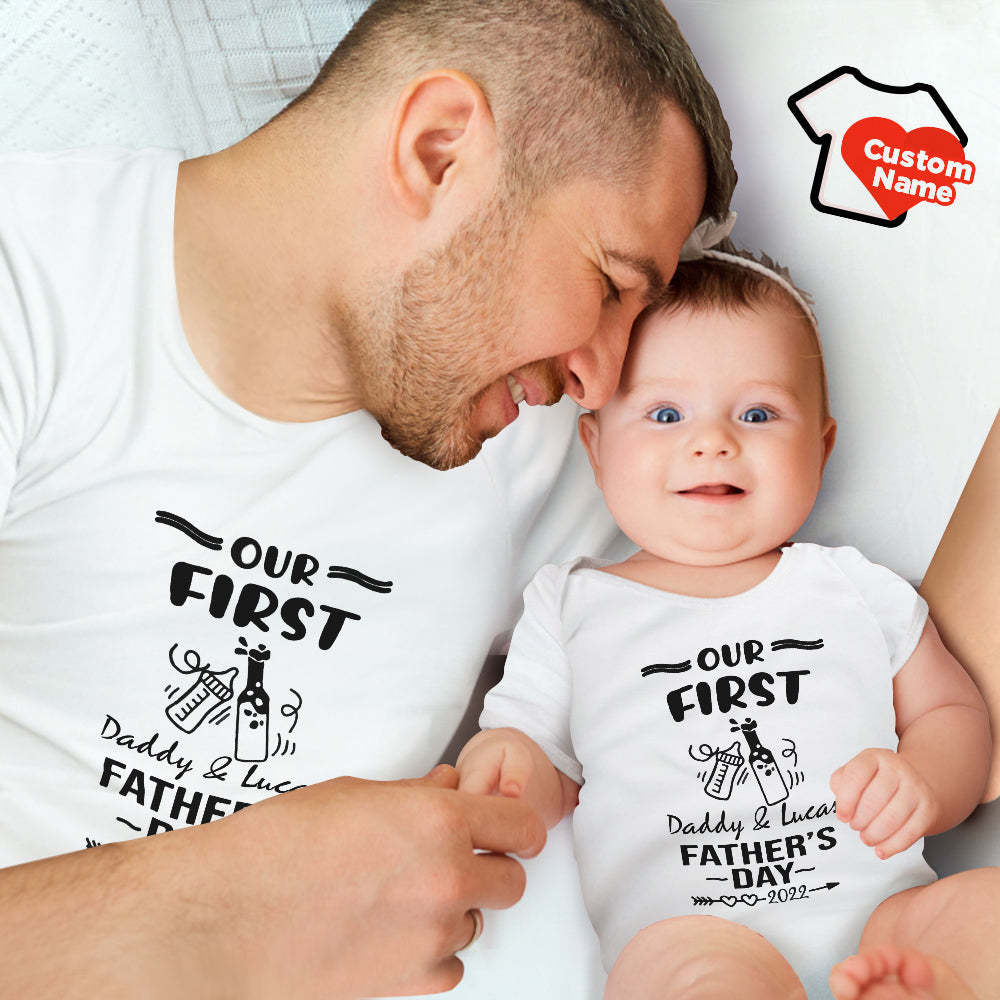 Personalized Name Shirt Custom Daddy And Baby Matching Outfits Our First Father's Day Gifts Beer - MyFaceBoxerUK