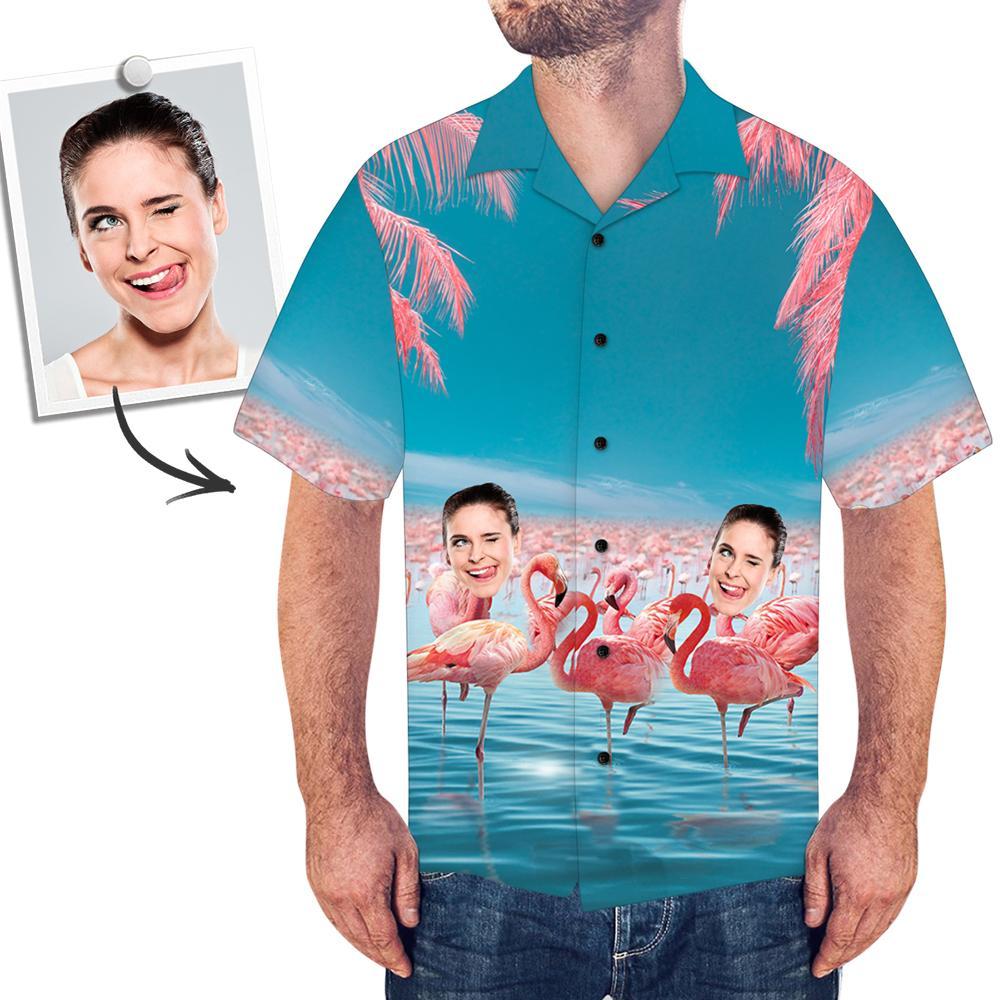 Custom Face Shirt Men's All Over Print Hawaiian Shirt Flamingo and Sea	 - MyFaceBoxerUK