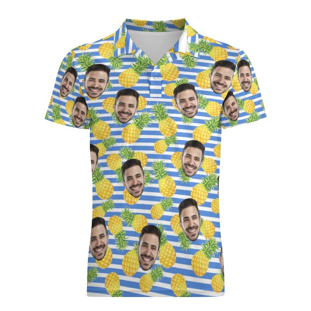 Men's Custom Face Polo Shirt Blue Stripes with Pineapples Personalized Hawaiian Golf Shirts - MyFaceBoxerUK