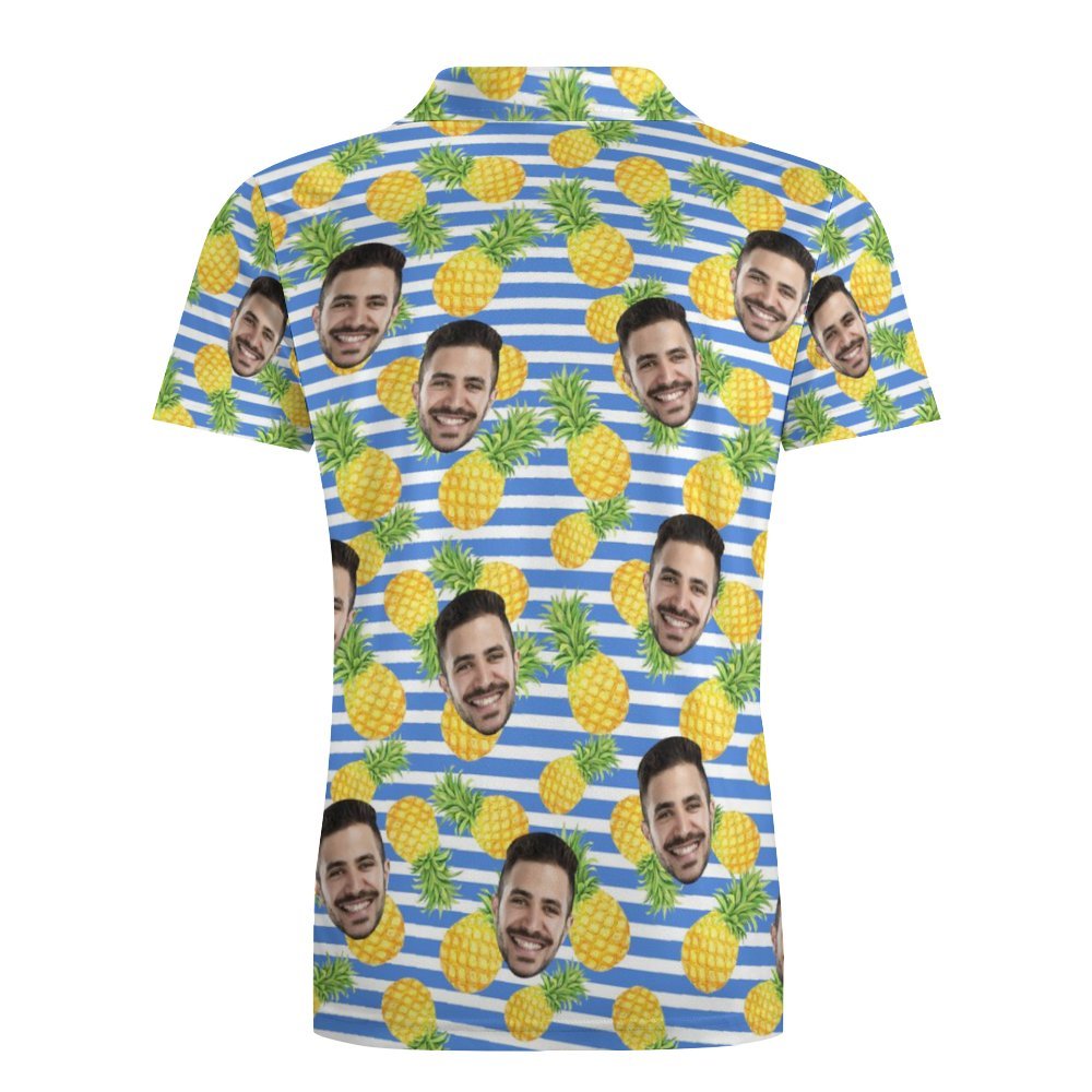 Men's Custom Face Polo Shirt Blue Stripes with Pineapples Personalized Hawaiian Golf Shirts - MyFaceBoxerUK