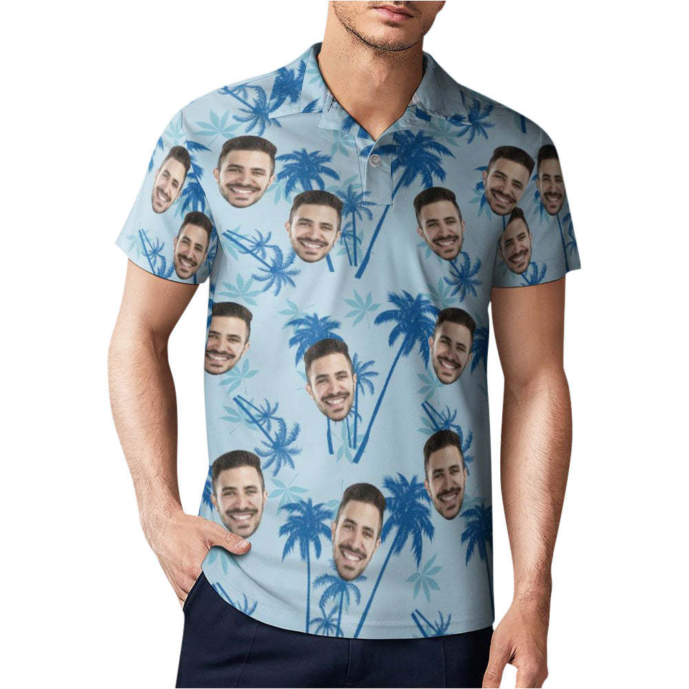 Men's Custom Face Polo Shirt Personalized Light Blue Hawaiian Golf Shirts - MyFaceBoxerUK