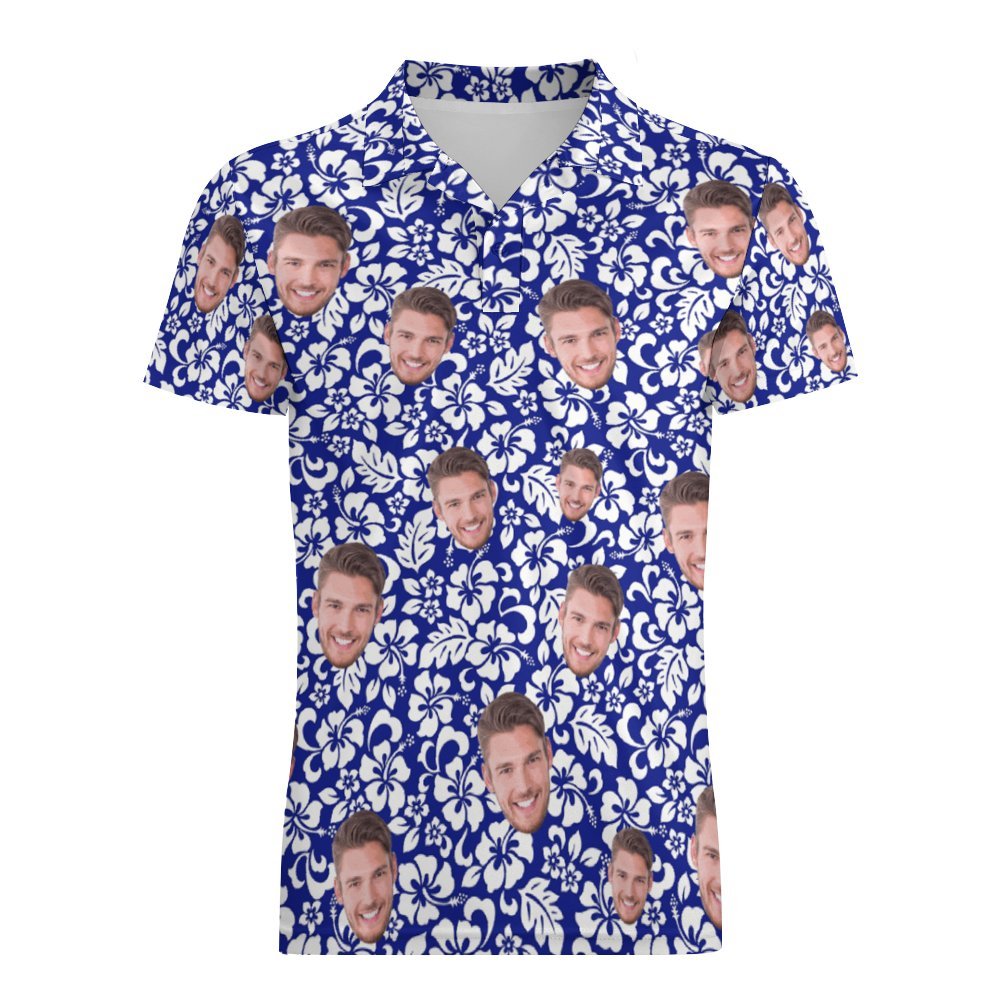 Custom Face Polo Shirt For Men Personalized Blue Hawaiian Golf Shirts - MyFaceBoxerUK
