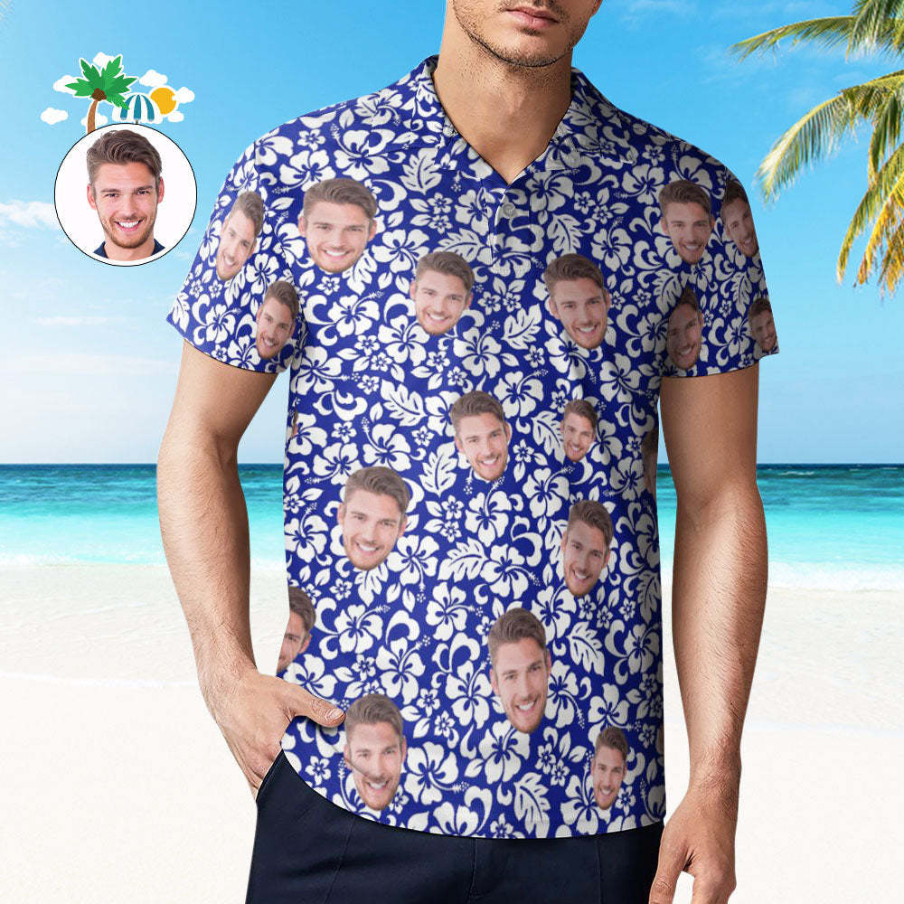 Custom Face Polo Shirt For Men Personalized Blue Hawaiian Golf Shirts - MyFaceBoxerUK