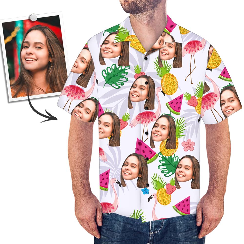 Custom Face Shirt Flamingo and Fruit Hawaiian Shirt	 - MyFaceBoxerUK