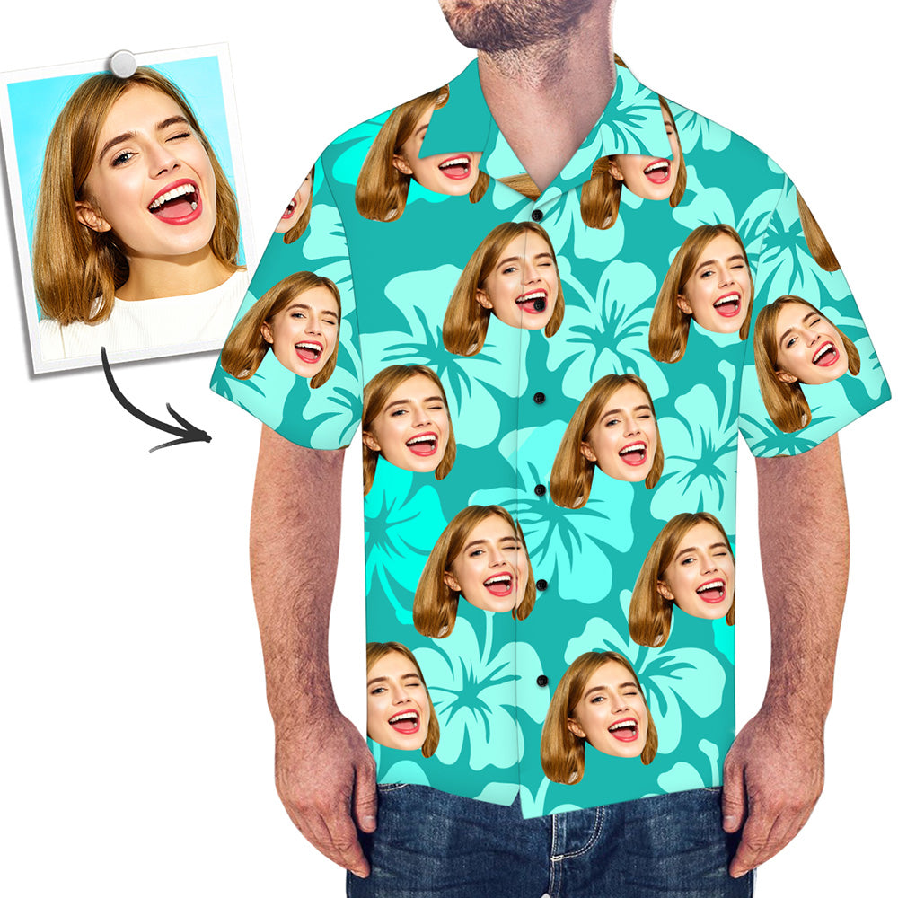 Custom Face Shirt Men's All Over Print Hawaiian Shirt Blue Color	 - MyFaceBoxerUK