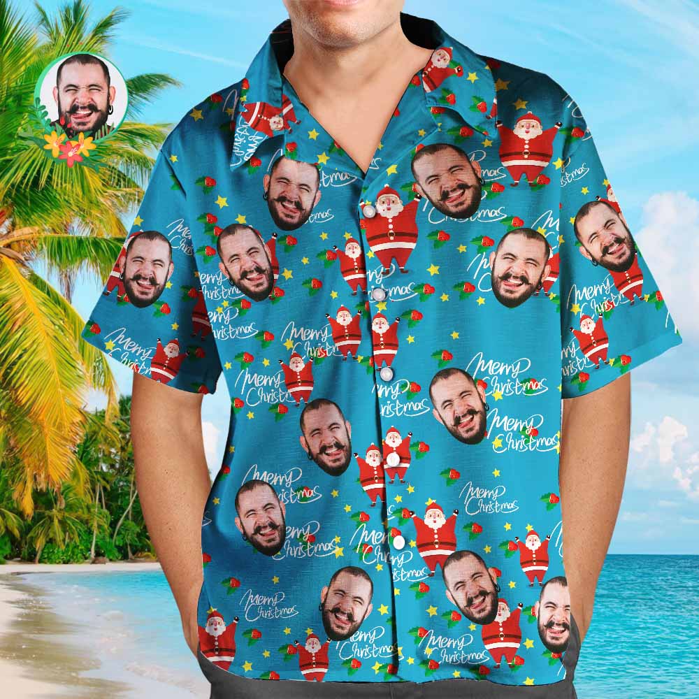 Custom Face Shirt Personalised Photo Men's Hawaiian Shirt Christmas Gift - Happy Santa	 - MyFaceBoxerUK