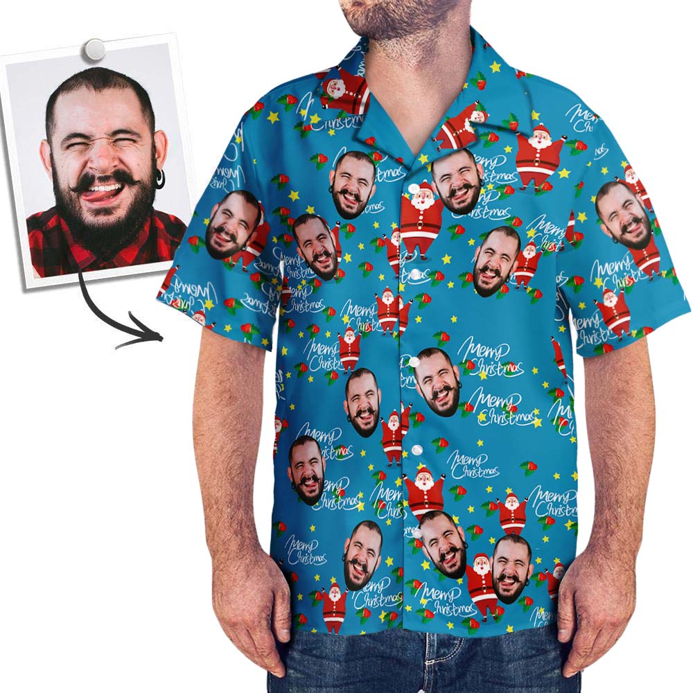 Custom Face Shirt Personalised Photo Men's Hawaiian Shirt Christmas Gift - Happy Santa	 - MyFaceBoxerUK
