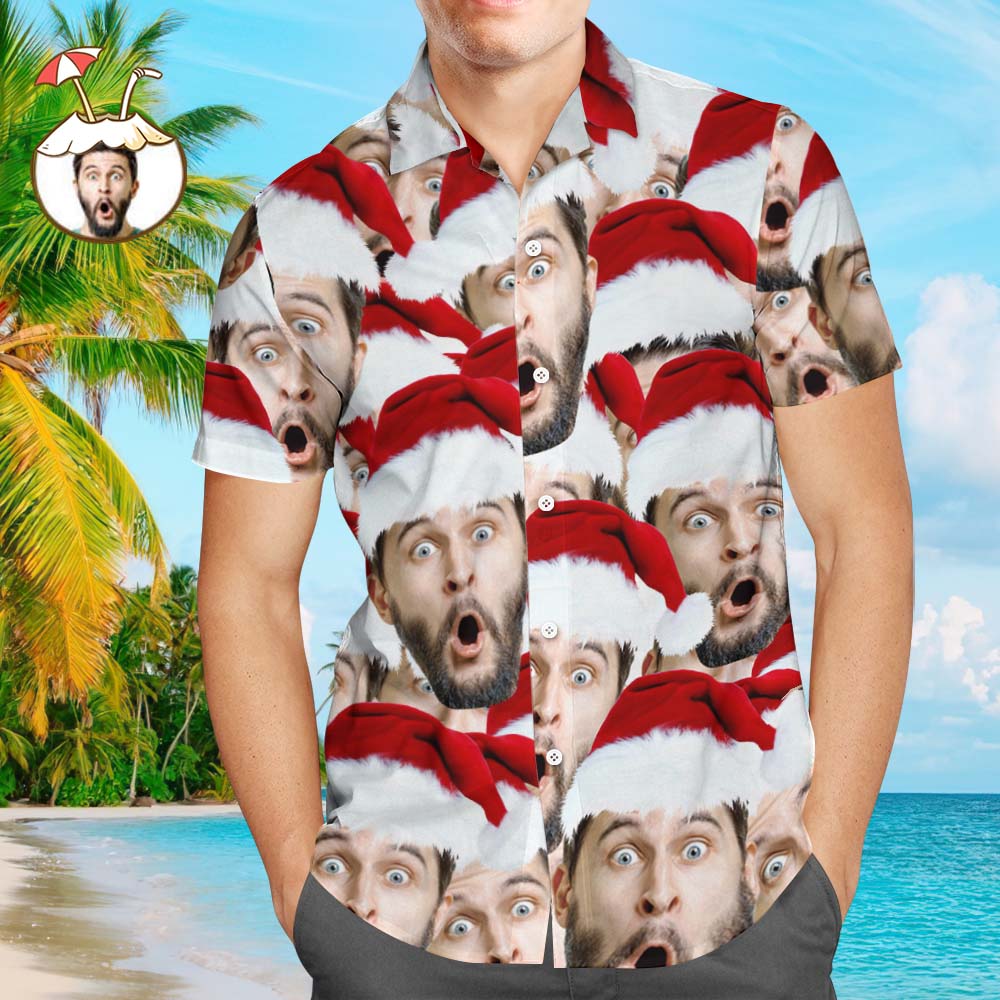 Custom Face Shirt Personalised Photo Men's Hawaiian Shirt Christmas Gift - Santa Face Mash	 - MyFaceBoxerUK