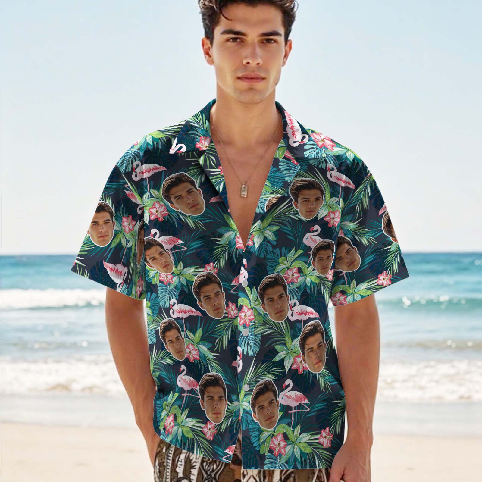 Father's Day Gifts Custom Hawaiian Shirts Personalized Photo Aloha Shirts for Him Leaves and Flamingo