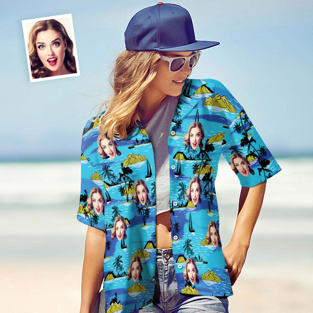 Custom Face Hawaiian Shirt Women's All Over Print Large Leaves Short Sleeve Shirt - MyFaceBoxerUK