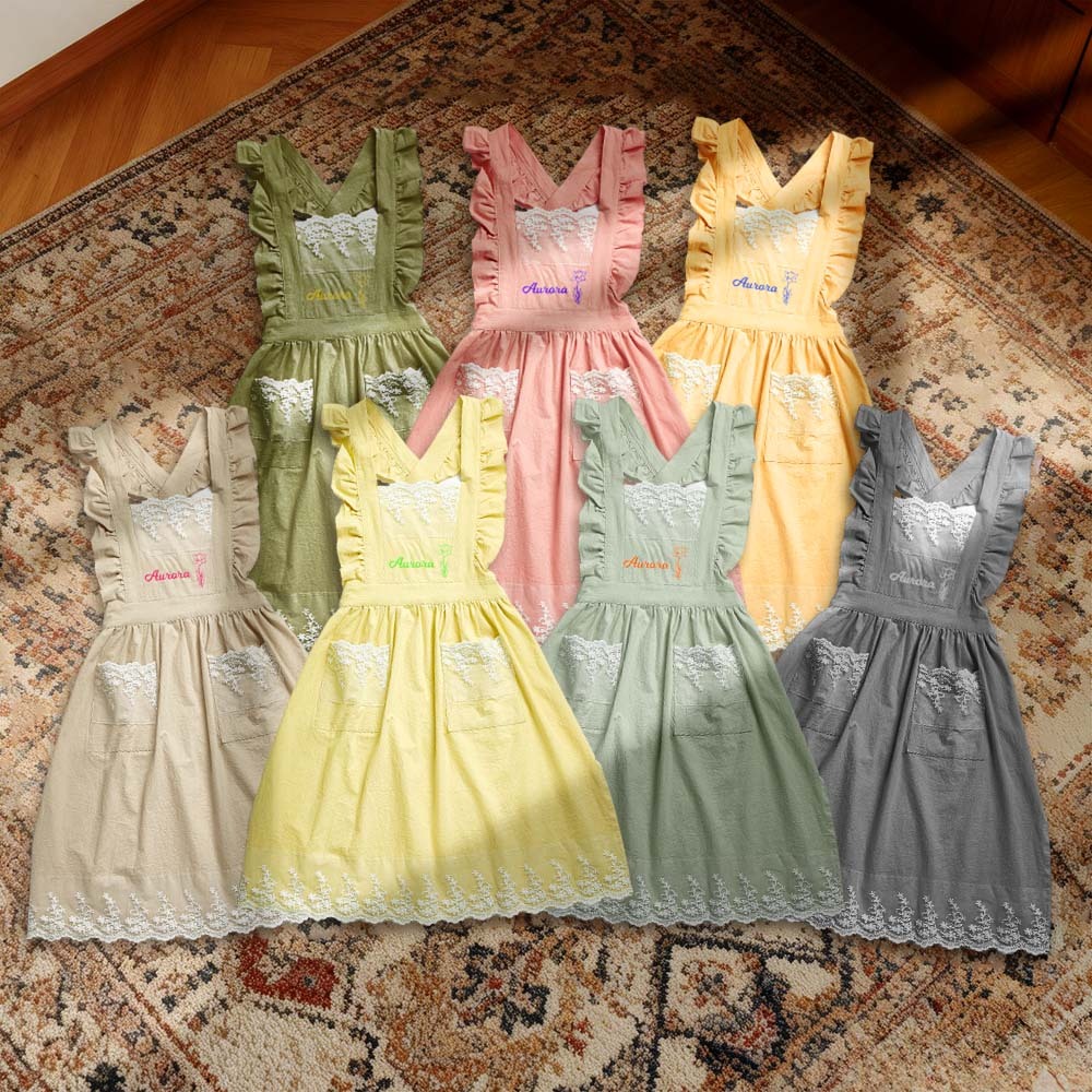 Personalized Floral Embroidered Apron For Women, Cotton Apron with Lace Pockets, Custom Flower Garden Baking Apron, Hostess Mothers Gift