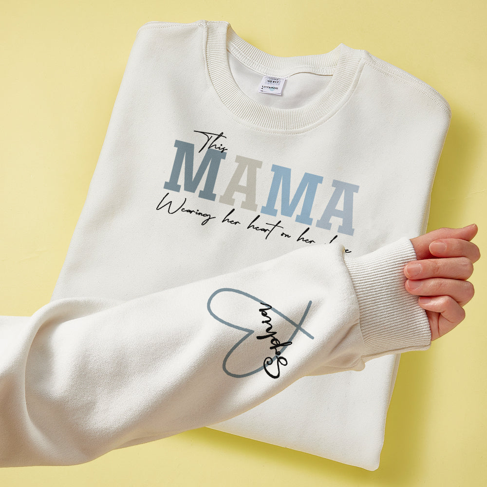 Custom Name Round Neck Sweatshirt Personalised Crewneck Sweatshirts Wear Heart On Sleeve Sweatshirt Mother's Day Gift