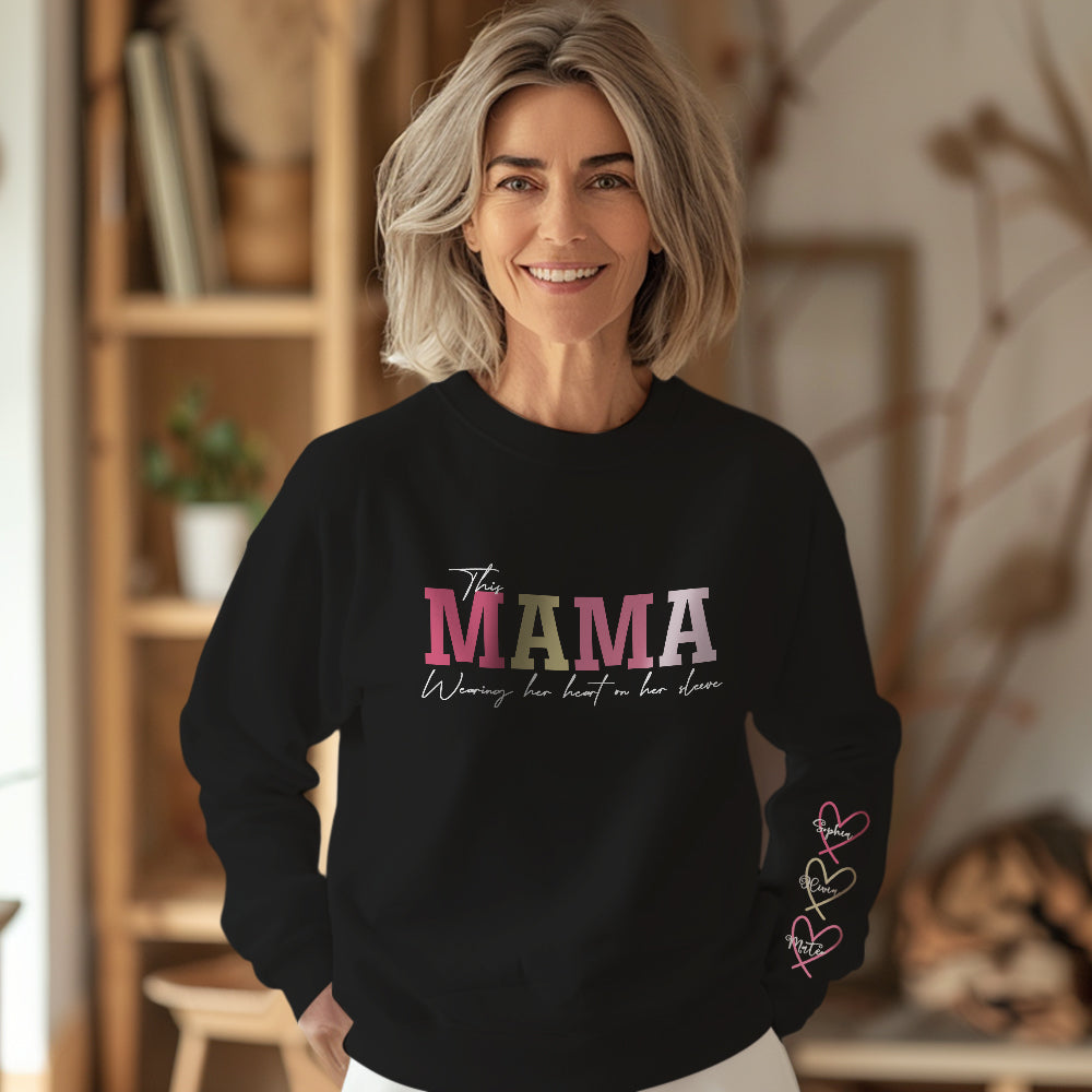 Custom Name Round Neck Sweatshirt Personalised Crewneck Sweatshirts Wear Heart On Sleeve Sweatshirt Mother's Day Gift