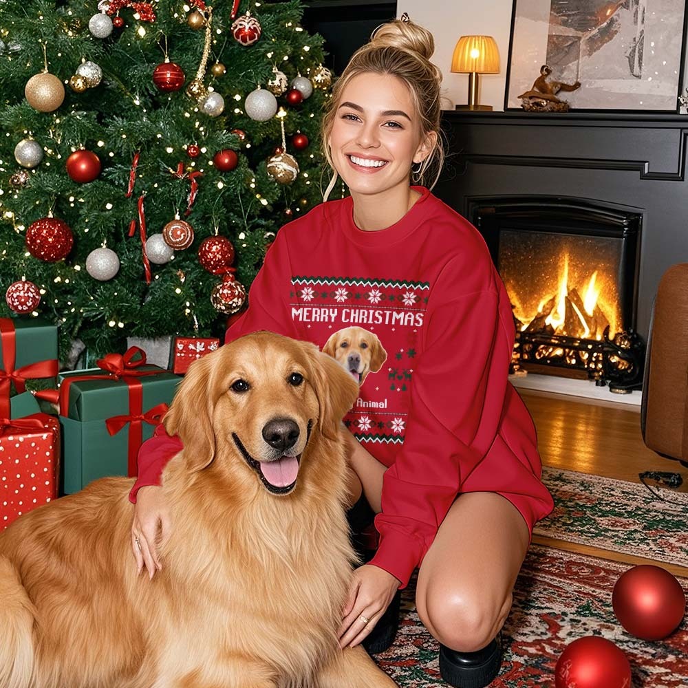 Custom Pet Face Round Neck Hoodie Personalized Photo Ugly Christmas Sweatshirt for Pet Lover - MyFaceBoxerUK