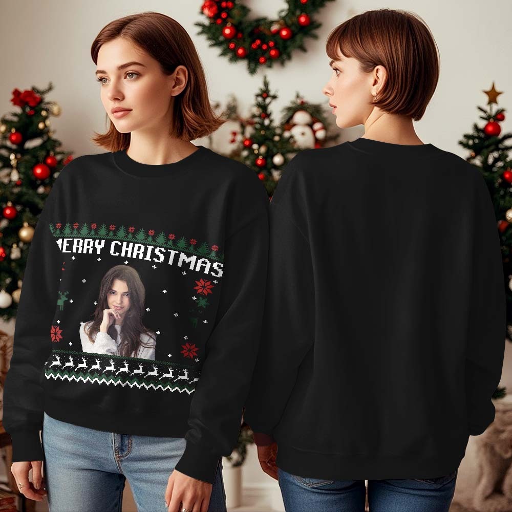 Custom Photo Round Neck Hoodie Personalized Ugly Christmas Sweatshirt Merry Christmas - MyFaceBoxerUK