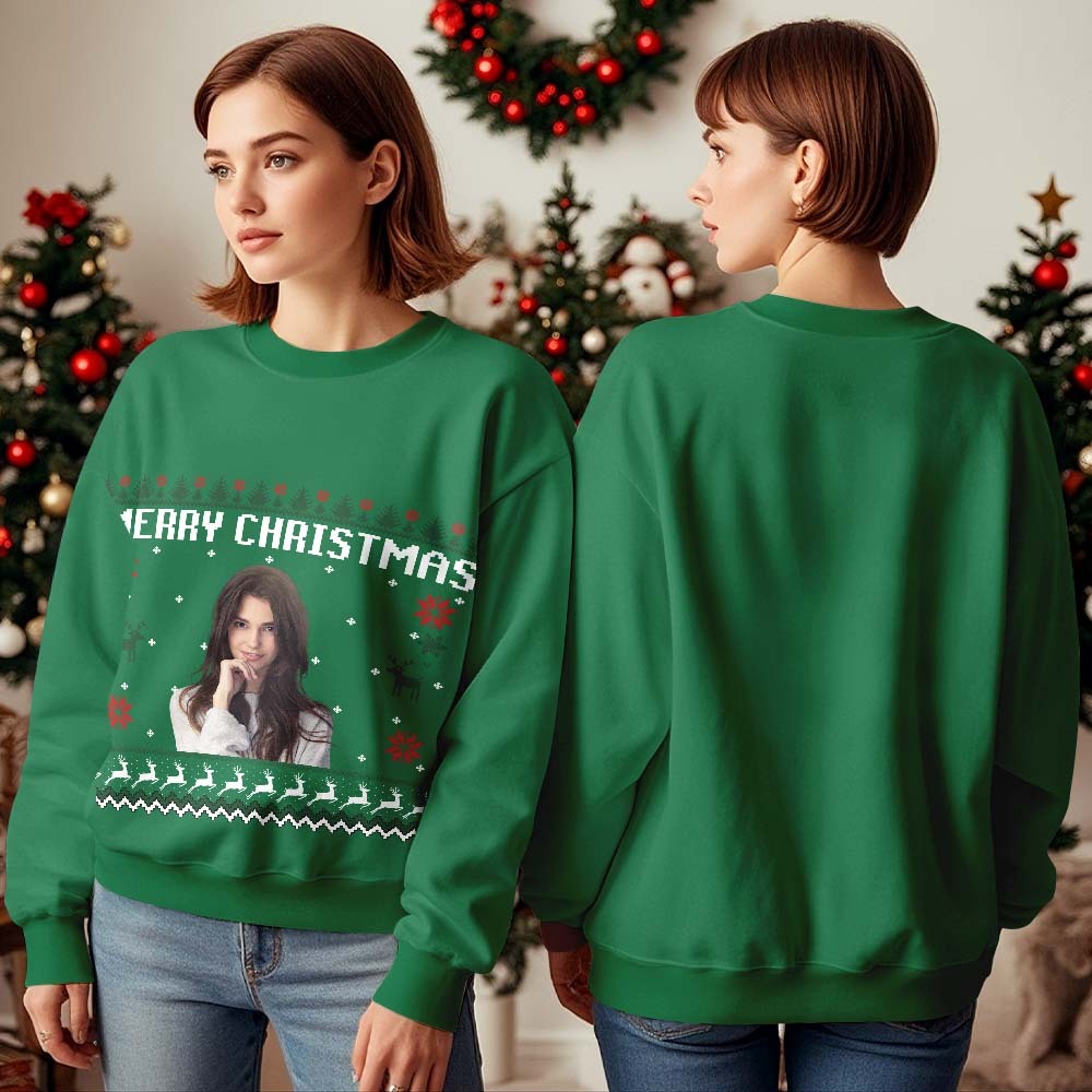 Custom Photo Round Neck Hoodie Personalized Ugly Christmas Sweatshirt Merry Christmas - MyFaceBoxerUK