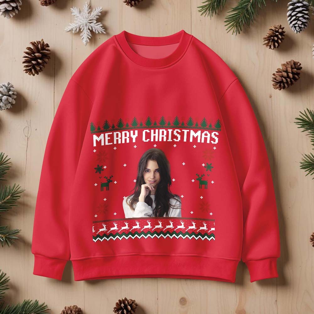 Custom Photo Round Neck Hoodie Personalized Ugly Christmas Sweatshirt Merry Christmas - MyFaceBoxerUK