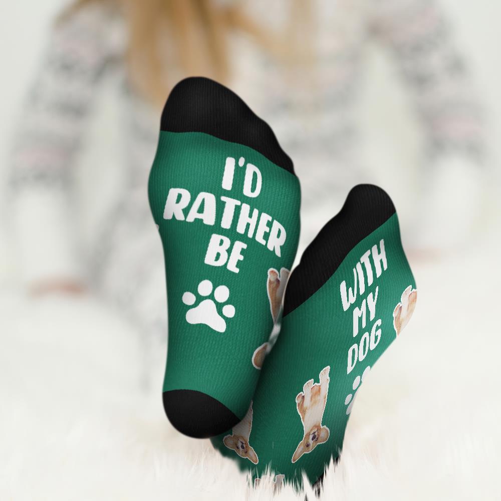 Gifts for Dad, Custom Face Socks Add Pictures And Name - I'd Rather Be With My Dog - MyFaceBoxerUK
