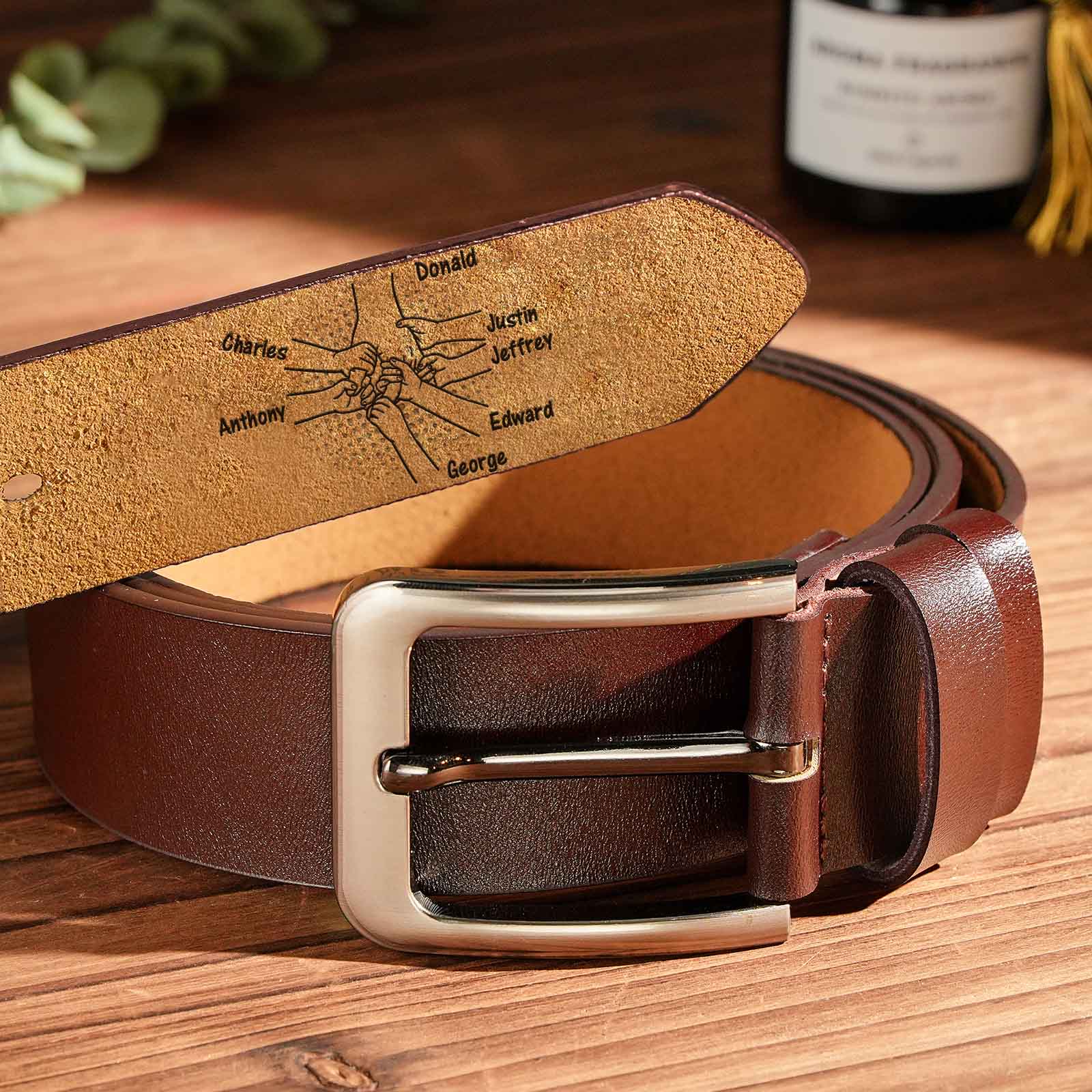 Custom Engraved Leather Belt Personalized Names Belt Hand in Hand Gifts for Dad