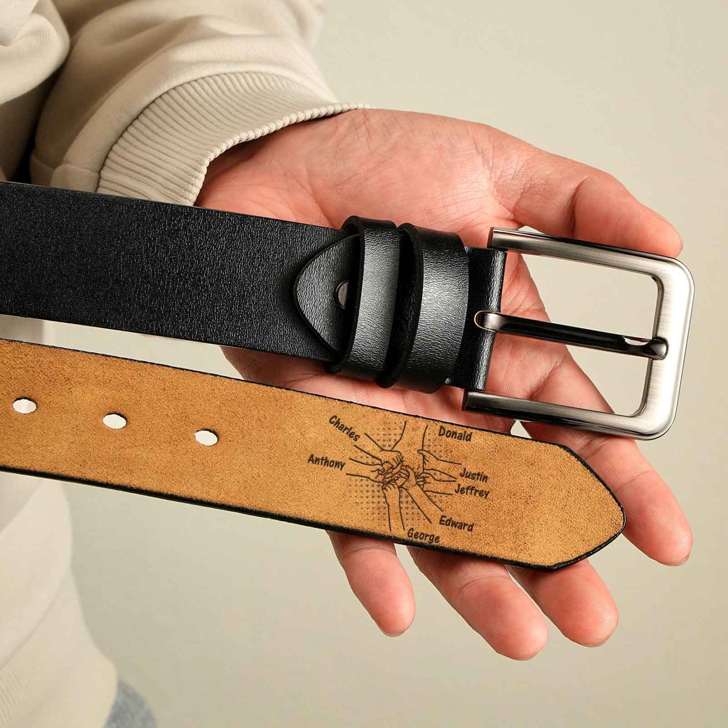 Custom Engraved Leather Belt Personalized Names Belt Hand in Hand Gifts for Dad - MyFaceBoxerUK