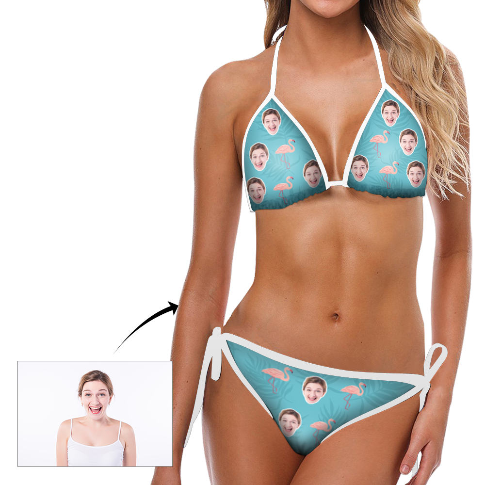 Custom Head Photo Flamingo and Blue Background Bikini Sexy Suit	 - MyFaceBoxerUK