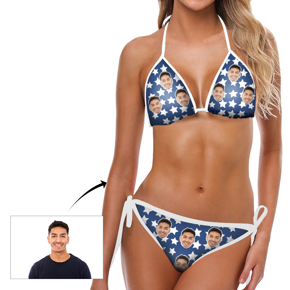 Custom Head Photo Blue Backgrouns White Stars Bikini Sexy Suit	 - MyFaceBoxerUK
