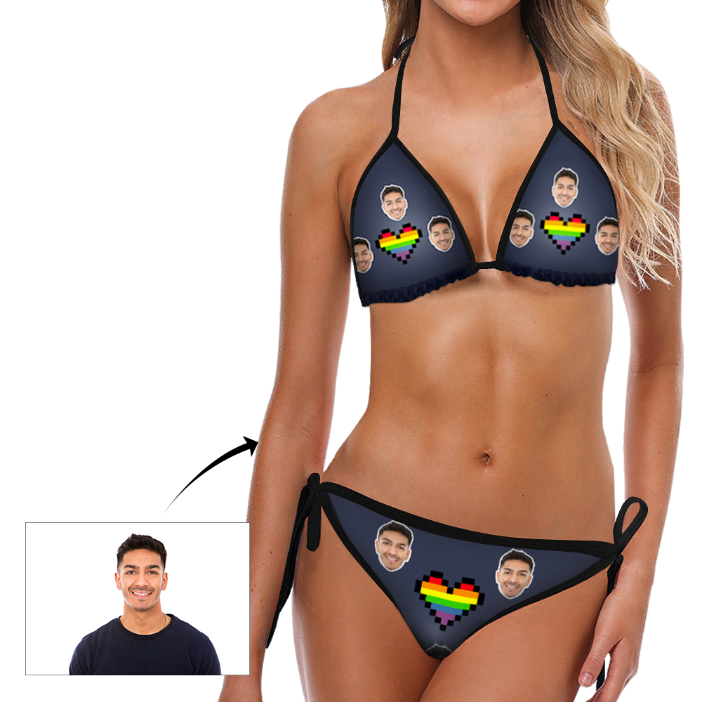 Custom Head Photo Rainbow Heart Bikini Sexy Suit	 - MyFaceBoxerUK