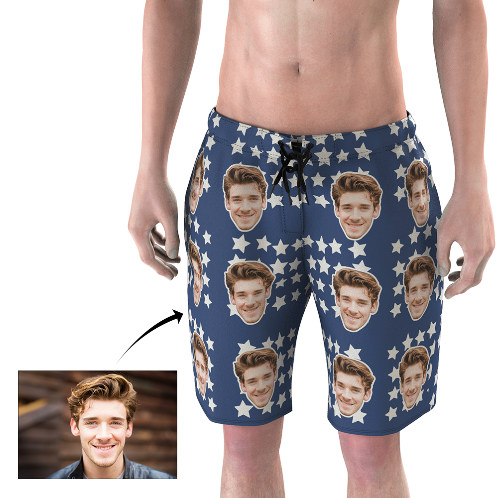 Custom Face Photo Men's Swim Trunk Summer Blue with Star - MyFaceBoxerUK