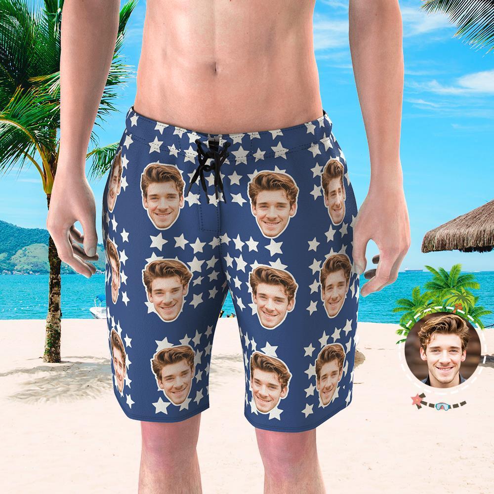 Custom Face Photo Men's Swim Trunk Summer Blue with Star - MyFaceBoxerUK