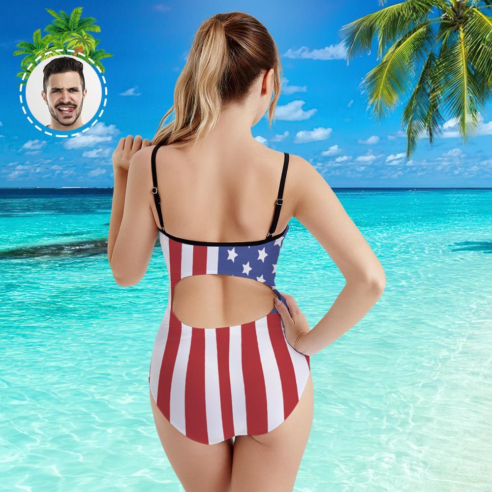 Custom Face Swimwear Women's Photo Slip One Piece Swimsuit - American Flag - MyFaceBoxerUK