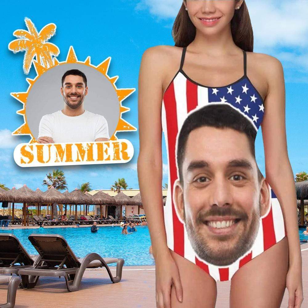 Custom Face Swimwear Women's Photo Slip One Piece Swimsuit - American Flag - MyFaceBoxerUK