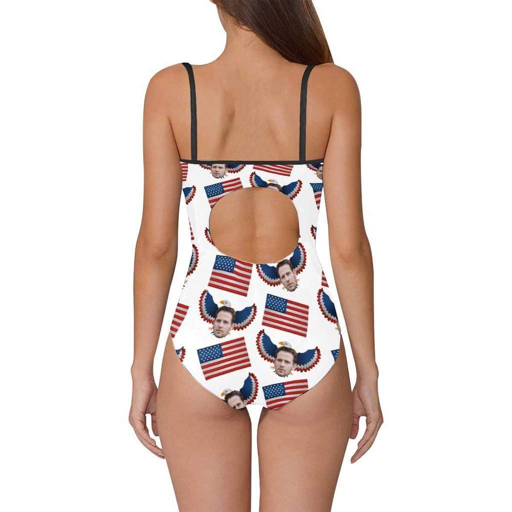 Custom Face Swimwear Women's Photo Slip One Piece Swimsuit- USA Flag With Bald Eagle - MyFaceBoxerUK