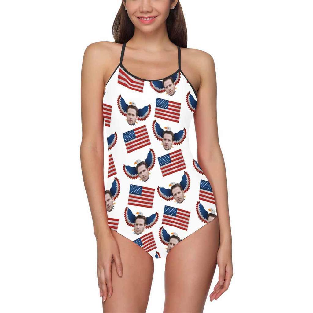 Custom Face Swimwear Women's Photo Slip One Piece Swimsuit- USA Flag With Bald Eagle - MyFaceBoxerUK