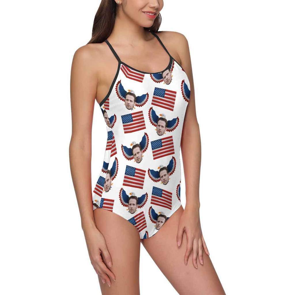 Custom Face Swimwear Women's Photo Slip One Piece Swimsuit- USA Flag With Bald Eagle - MyFaceBoxerUK