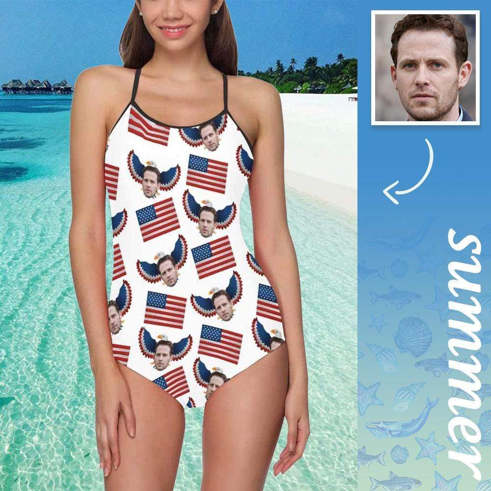 Custom Face Swimwear Women's Photo Slip One Piece Swimsuit- USA Flag With Bald Eagle - MyFaceBoxerUK