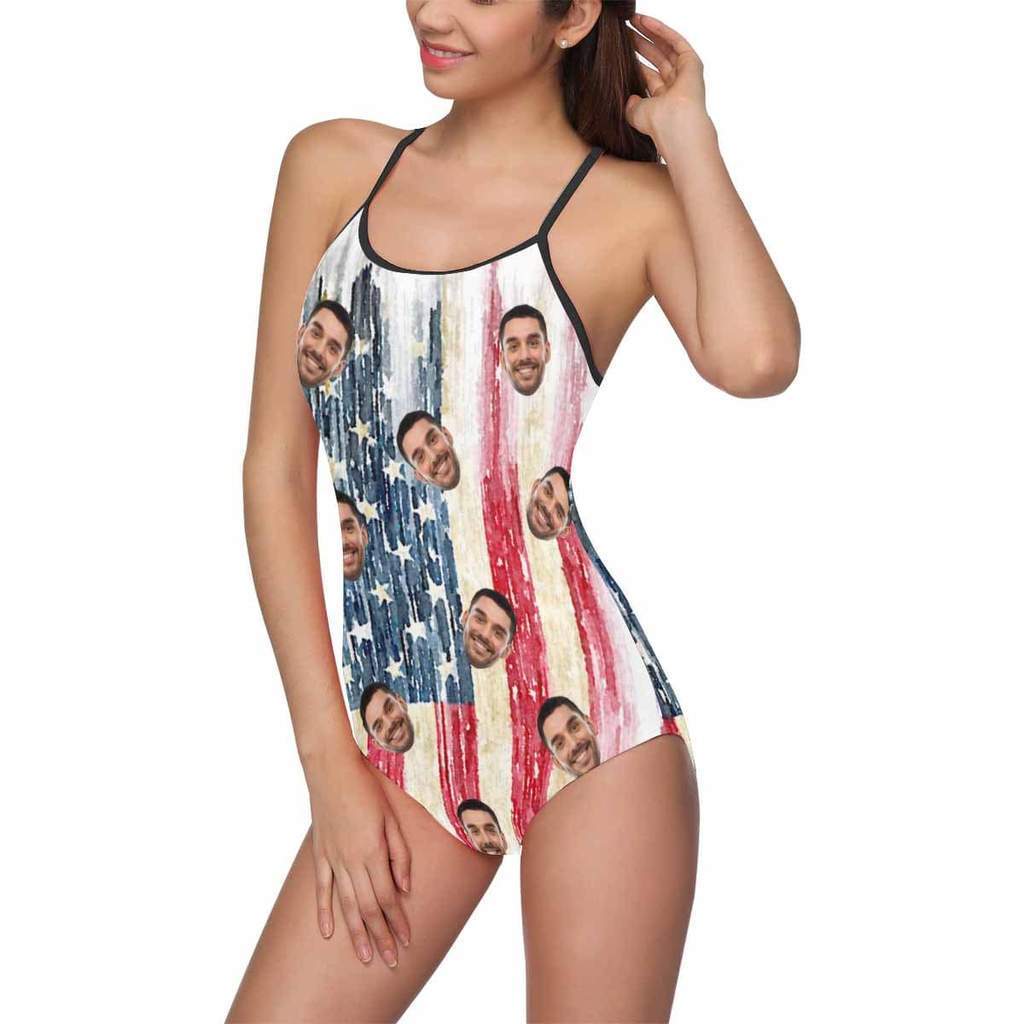 Custom Face Swimwear Women's Photo Slip One Piece Swimsuit- Artistic USA Flag - MyFaceBoxerUK