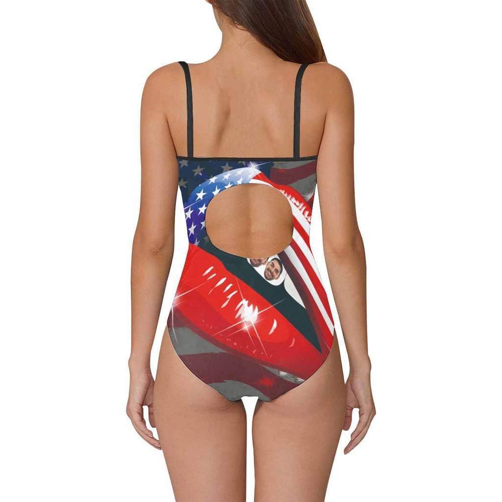 Custom Face Swimwear Women's Photo Slip One Piece Swimsuit- USA Flag With Lips - MyFaceBoxerUK