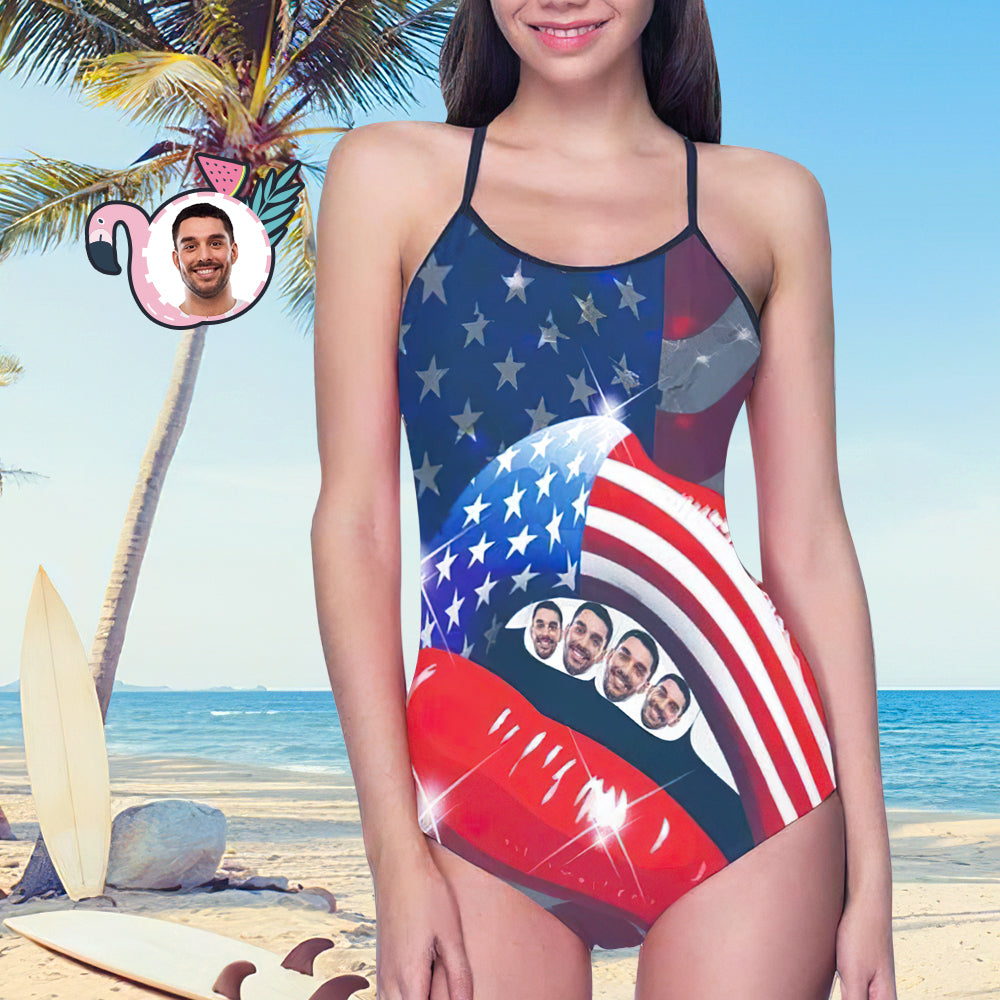 Custom Face Swimwear Women's Photo Slip One Piece Swimsuit- USA Flag With Lips	 - MyFaceBoxerUK
