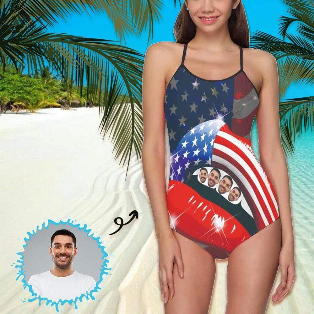 Custom Face Swimwear Women's Photo Slip One Piece Swimsuit- USA Flag With Lips	 - MyFaceBoxerUK